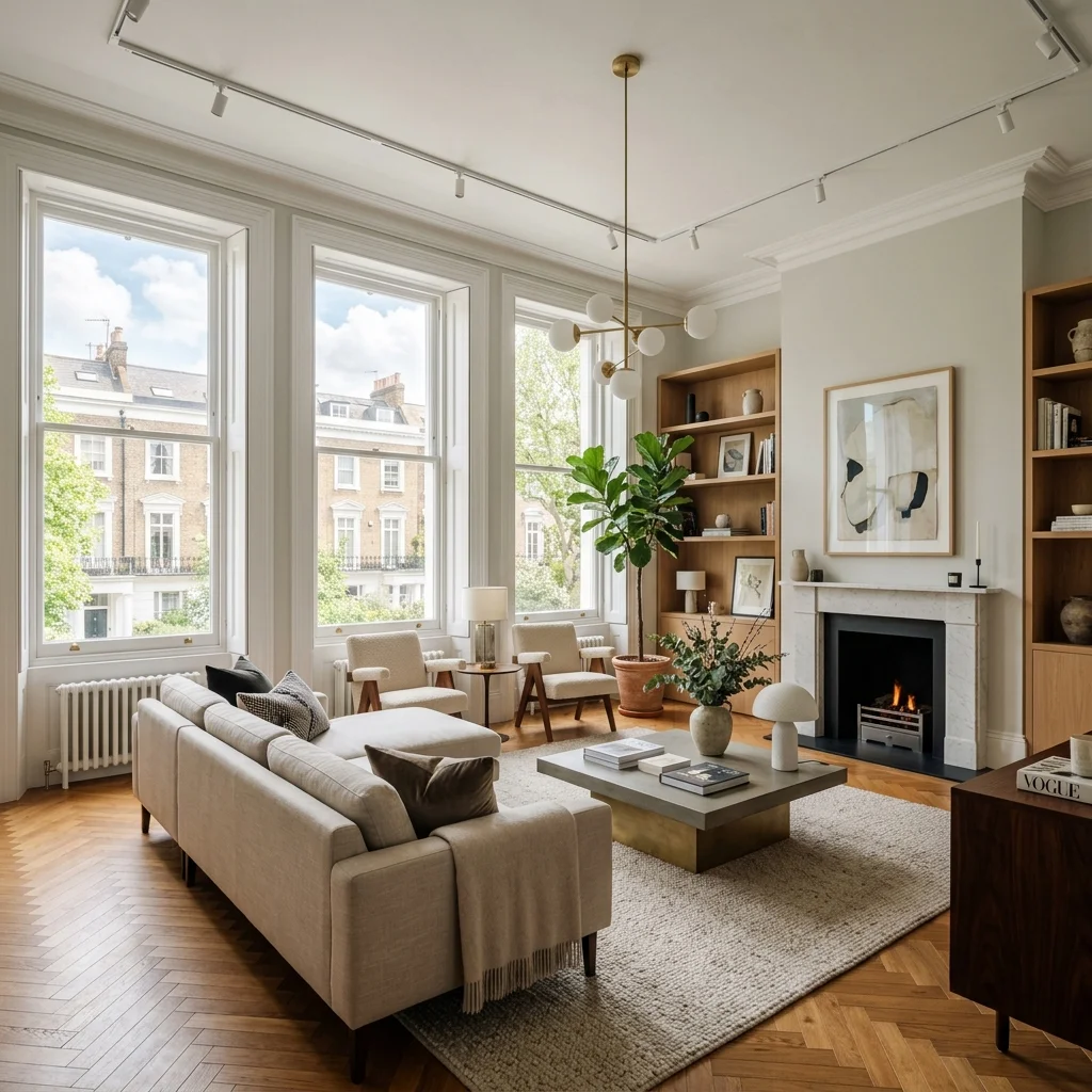 Bright UK home interior with sofa, tall sash windows and soft natural light